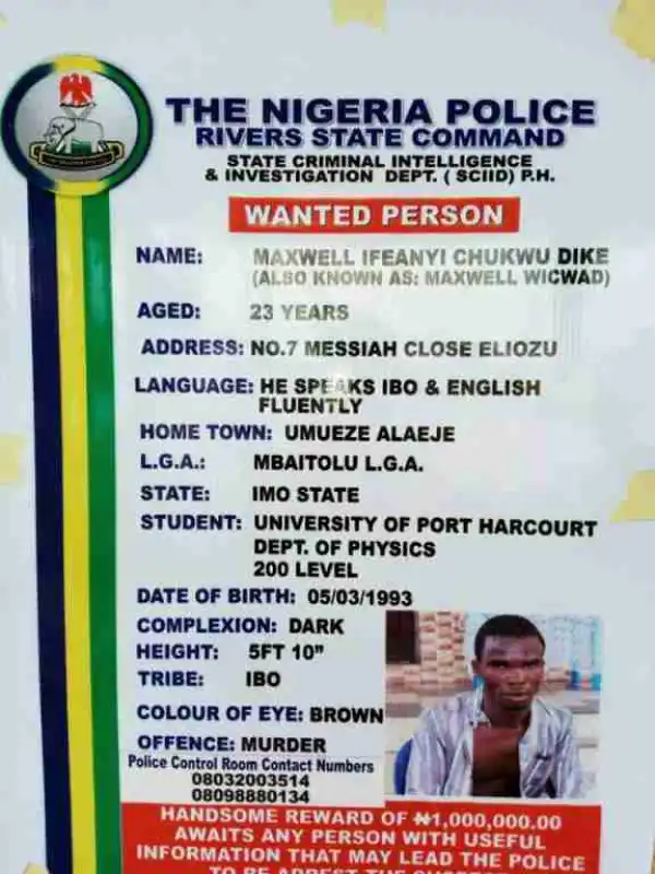 N1m Bounty On Maxwell Ifeanyi Chukwu Dike, Escaped Ritualist Wanted By Police (Photo)